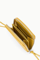 Goldenrod woven zip wallet opened to show card slots and interior compartments