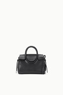 Black Maude mini carryall bag front view with short handles and dangling pull tabs