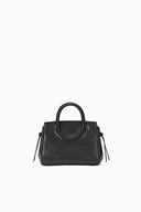 Black Maude mini carryall bag front view with zipper details and side tabs