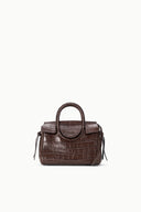 Mini carryall handbag, croc-embossed espresso brown with side view and top handle.