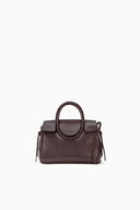 Espresso mini carryall handbag with side tassel ties and curved top handle