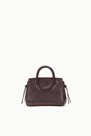 Espresso mini carryall handbag with rounded top handle and circular front plate