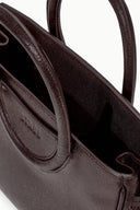 Espresso-brown textured leather mini carryall bag, curved handles and side pocket
