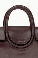 Mini carryall bag with top handle, espresso-brown texture and embossed logo