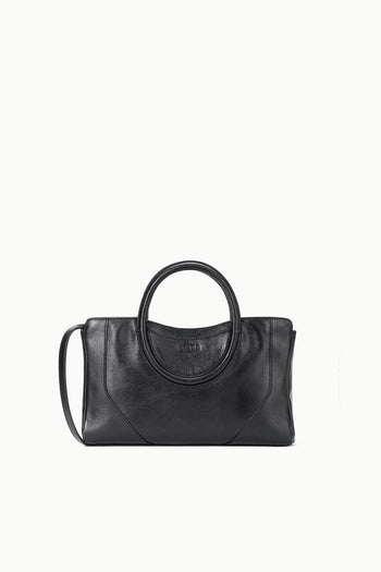 Black mini satchel bag with curved top handles and structured rectangular shape