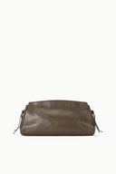 Truffle-brown soft clutch with drawcord sides and top zipper, front view