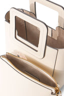 Cream mini Shirley leather bag, open top with gold zipper and interior view