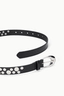 Black belt with round white stud rivets and adjustable strap, moon buckle
