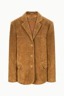 Tan suede blazer jacket on white background, single-breasted with flap pockets