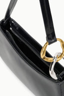 Black handbag with gold and silver chain detail on a white background