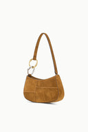 Tan suede hobo bag with shoulder strap and gold-tone O-ring detail