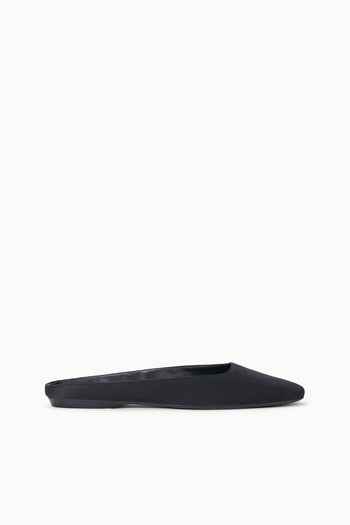 Black flat mule with low slip-on profile and smooth upper