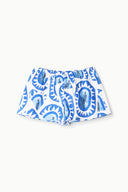White paddle shorts with blue graphic print, elastic waist, loose fit