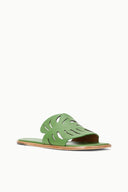 Green leaf-pattern slide sandal, side view with flat tan sole