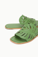 Green slide sandals with leaf cutout upper and stitched details