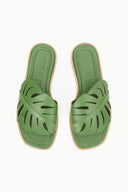Green slide sandals, open toe with leaf cutout upper and tan trim