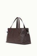 Espresso-brown structured tote bag with two handles and front strap clasp