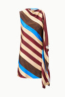 Striped silk dress, sleeveless with diagonal drape panels in brown, cream, burgundy, blue