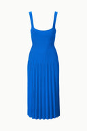 Cobalt blue sleeveless midi knit dress flat lay with square neckline and pleated skirt