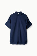 Navy short-sleeve button-up dress with collar, laid flat