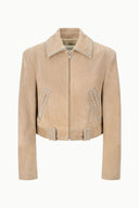 HUGO suede jacket, dune brown; stud-trimmed side panels and zip closure, front view.
