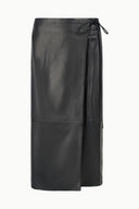 Black leather wrap midi skirt, overlap front edge and waist tie