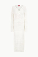 Ivory button-front midi dress with long sleeves and V-neck eyelet lace texture
