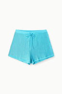 Women’s turquoise textured swim shorts with drawstring waist and side seams