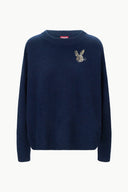 Navy cashmere crewneck sweater, ribbed cuffs and hem with embroidered insect emblem