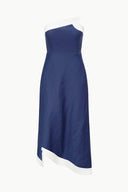 Navy strapless midi dress with white diagonal panel at top and hem