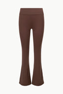 Dark brown flare-leg pants with waistband and front seam detail