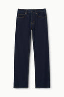 Indigo straight jeans flat lay with belt loops and button fly