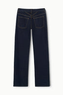 Indigo straight jeans flat lay with waistband and front pockets