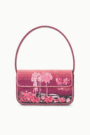 TOMMY beaded mini bag in pink with palm tree and beach scene embroidery, top handle