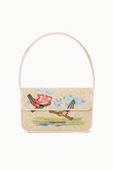 TOMMY beaded bag with top handle, gold bead fabric, and colorful guitar artwork