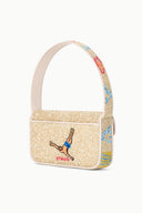 TOMMY beaded mini bag with top handle and gold bead texture; red star graphic