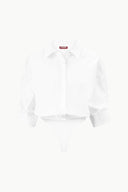 White collared button-up bodysuit with long sleeves and thong bottom