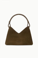 Truffle suede shoulder bag front view with embossed logo