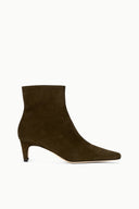 Truffle suede ankle boot with low block heel and pointed toe