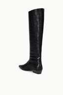 Black croc-embossed knee-high boot with pointed toe and low heel