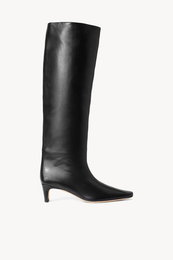 Black knee-high leather boot with pointed toe and low block heel