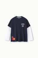 Navy T-shirt with 'Member Since 66' front print, attached white sleeves, colorful hem panel