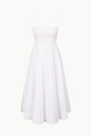 White strapless fit-and-flare dress with structured bodice and flared skirt