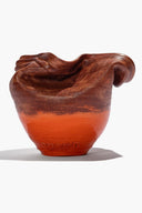Red multi-glaze sunken vase with sculpted rim, dark brown top, orange body