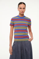 Crew-neck tee with multicolor horizontal stripes and short sleeves