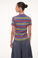 Crew-neck tee with multicolor horizontal stripes, shown from the back