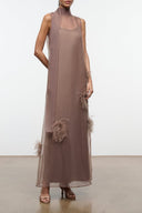 Sleeveless taupe maxi dress with feather trim at hem and high neckline