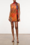 ALBEE mini dress, sleeveless high-neck sheer floral print with split hem