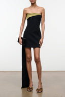 Black strapless mini dress with olive-green trim and draped bodice