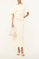 Ivory midi dress with boat neckline and short sleeves, fitted waist